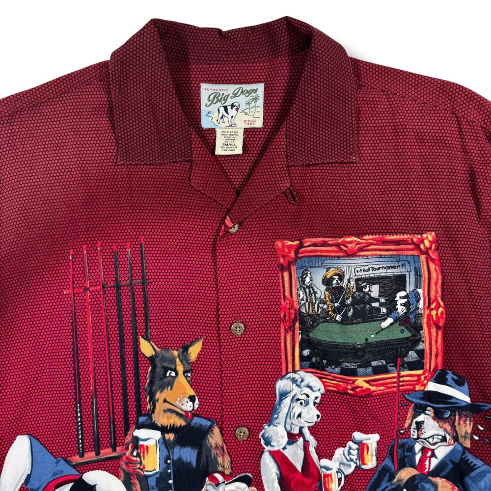 Big Dogs Button Up Camp Shirt Mens Small Red Dogs Playing Pool Billiards